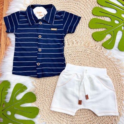 Conj. Camiseta Listrada com Bermuda Saruel - Marinho e Off White
